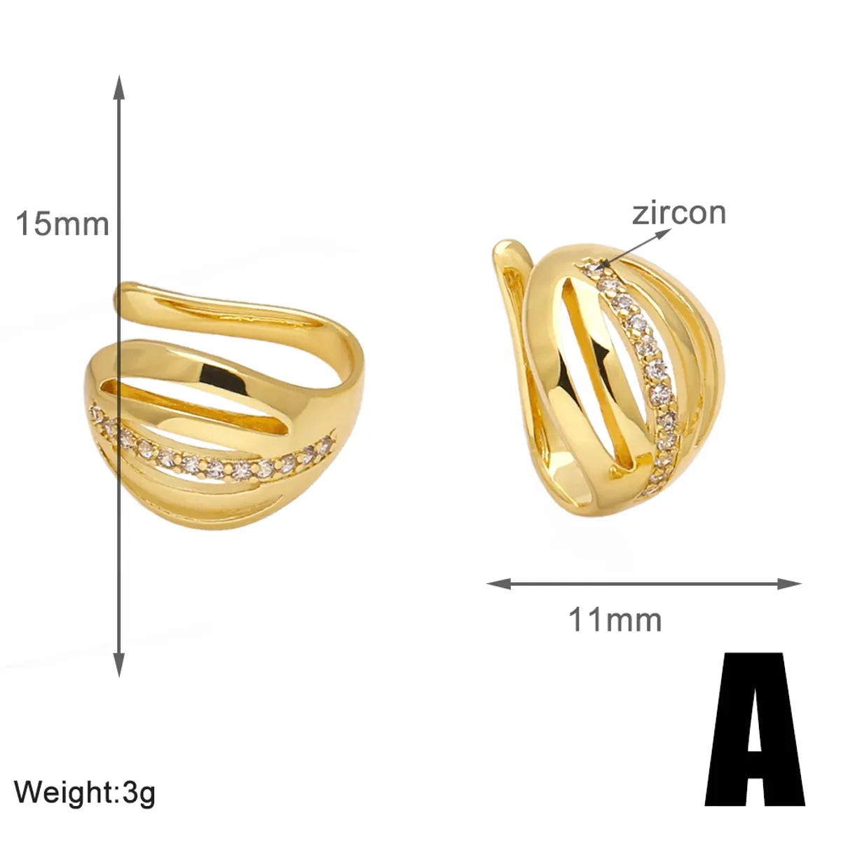 1 Pair Simple Style Geometric Copper Zircon 18K Gold Plated Ear Cuffs