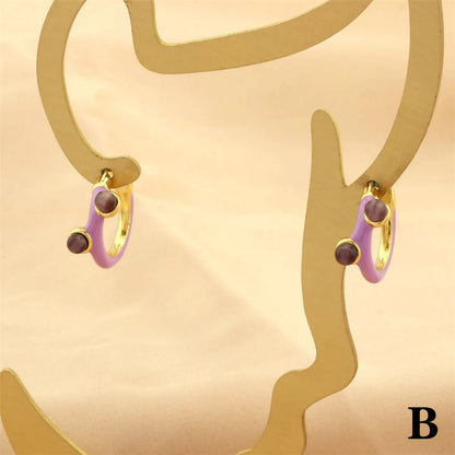 1 Pair Simple Style Geometric Enamel Plating Inlay Copper Opal 18k Gold Plated Hoop Earrings