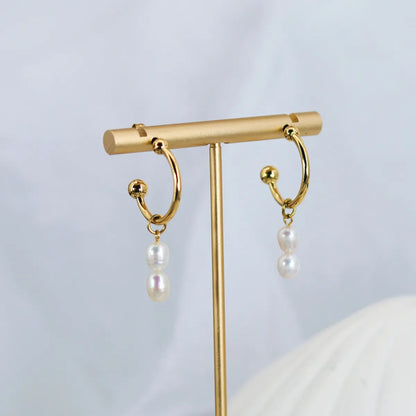 1 Pair Simple Style Geometric Freshwater Pearl Titanium Steel 18k Gold Plated Drop Earrings