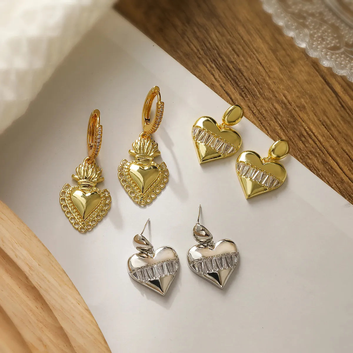 1 Pair Simple Style Geometric Heart Shape Plating Inlay Copper Zircon 18k Gold Plated Drop Earrings