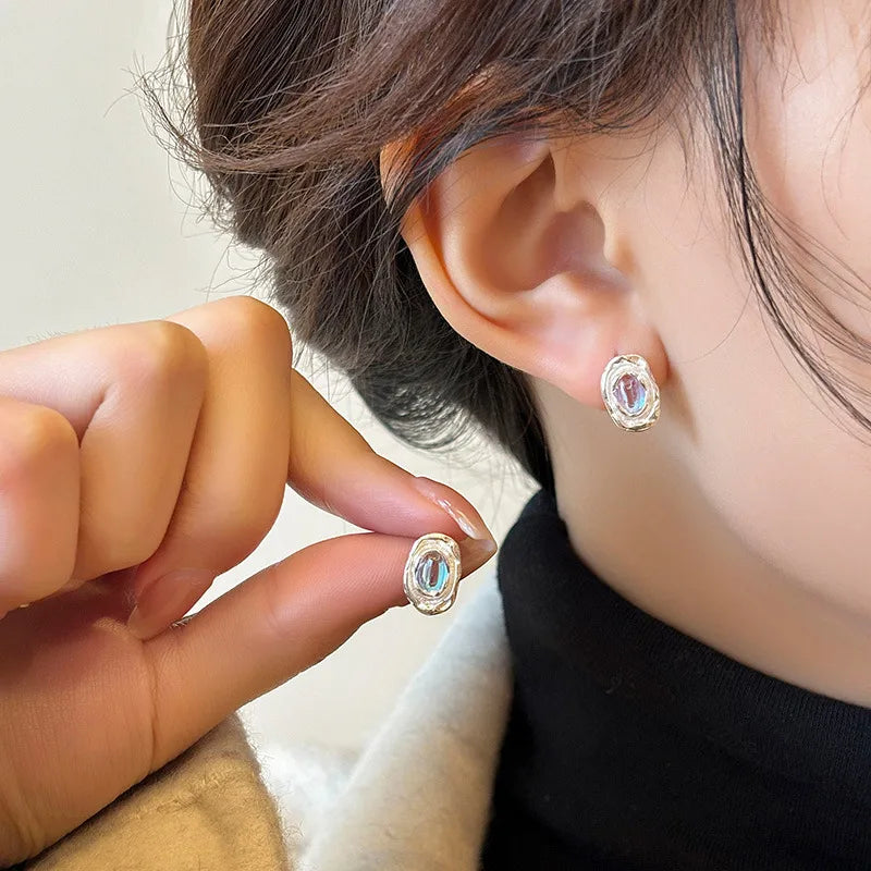 1 Pair Simple Style Geometric Inlay Sterling Silver Artificial Moonstone Ear Studs