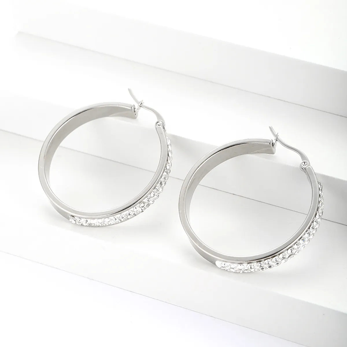 1 Pair Simple Style Geometric Polishing Plating Inlay Stainless Steel Zircon Steel Color Hoop Earrings