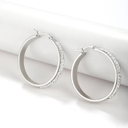 1 Pair Simple Style Geometric Polishing Plating Inlay Stainless Steel Zircon Steel Color Hoop Earrings