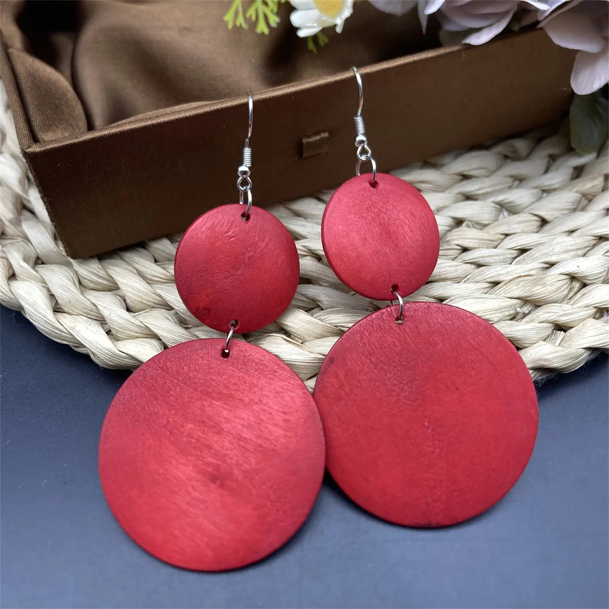 1 Pair Simple Style Geometric Round Wood Drop Earrings