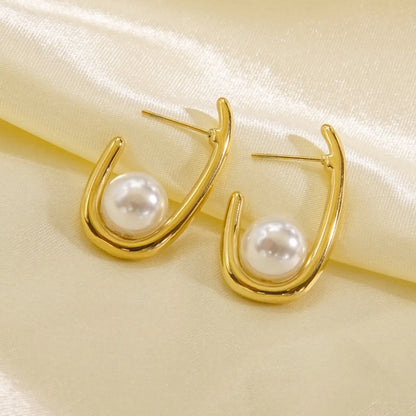 1 Pair Simple Style Geometric Solid Color Plating Stainless Steel Shell Pearls Ear Clip