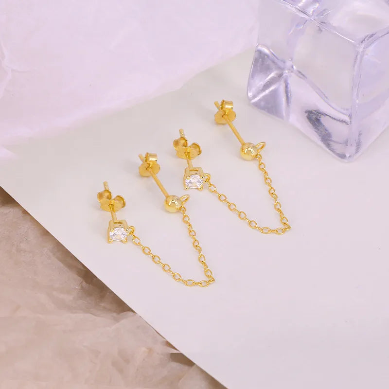 1 Pair Simple Style Geometric Sterling Silver Tassel Inlay Zircon Ear Studs