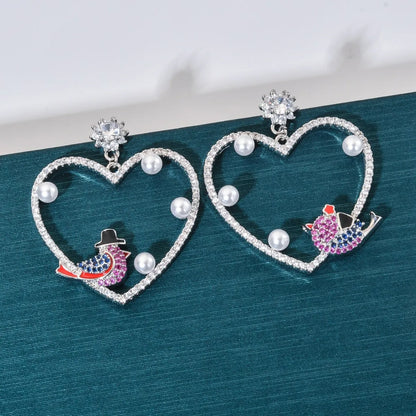 1 Pair Simple Style Heart Shape Bird Plating Inlay Copper Zircon White Gold Plated Drop Earrings