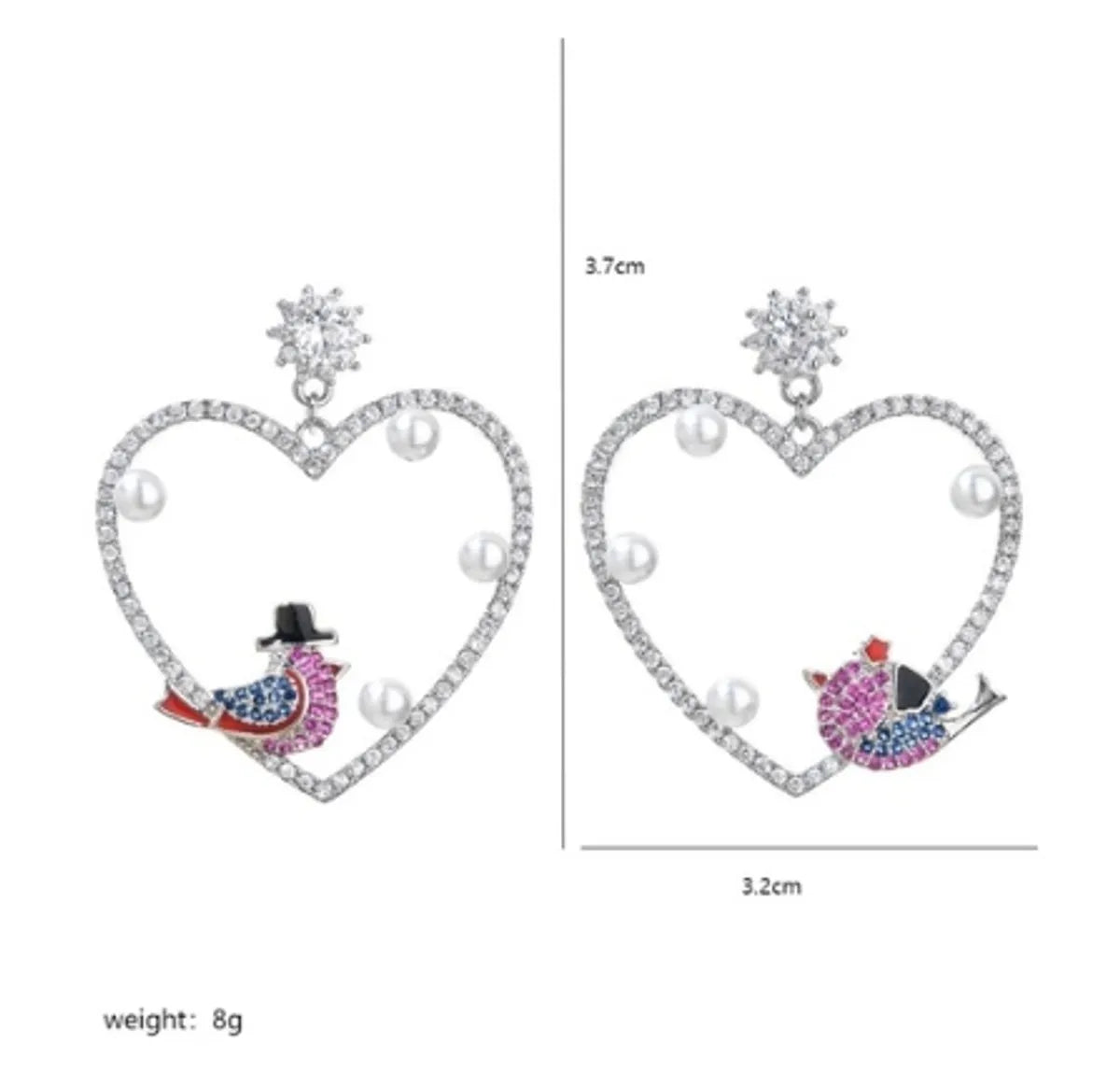 1 Pair Simple Style Heart Shape Bird Plating Inlay Copper Zircon White Gold Plated Drop Earrings