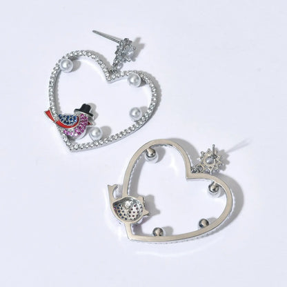 1 Pair Simple Style Heart Shape Bird Plating Inlay Copper Zircon White Gold Plated Drop Earrings