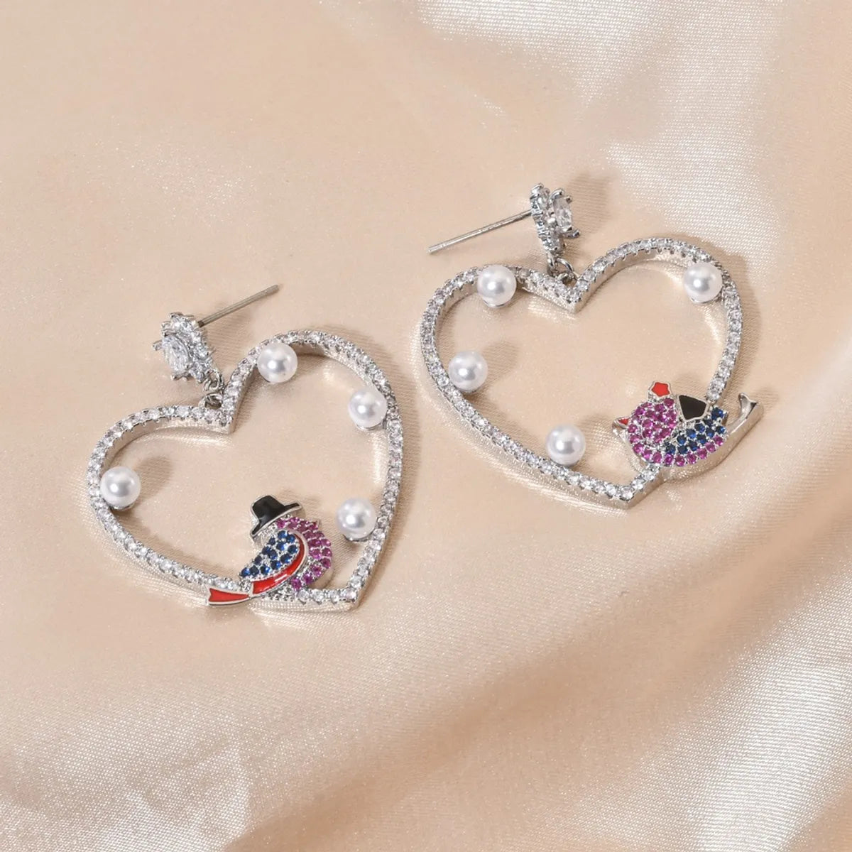 1 Pair Simple Style Heart Shape Bird Plating Inlay Copper Zircon White Gold Plated Drop Earrings