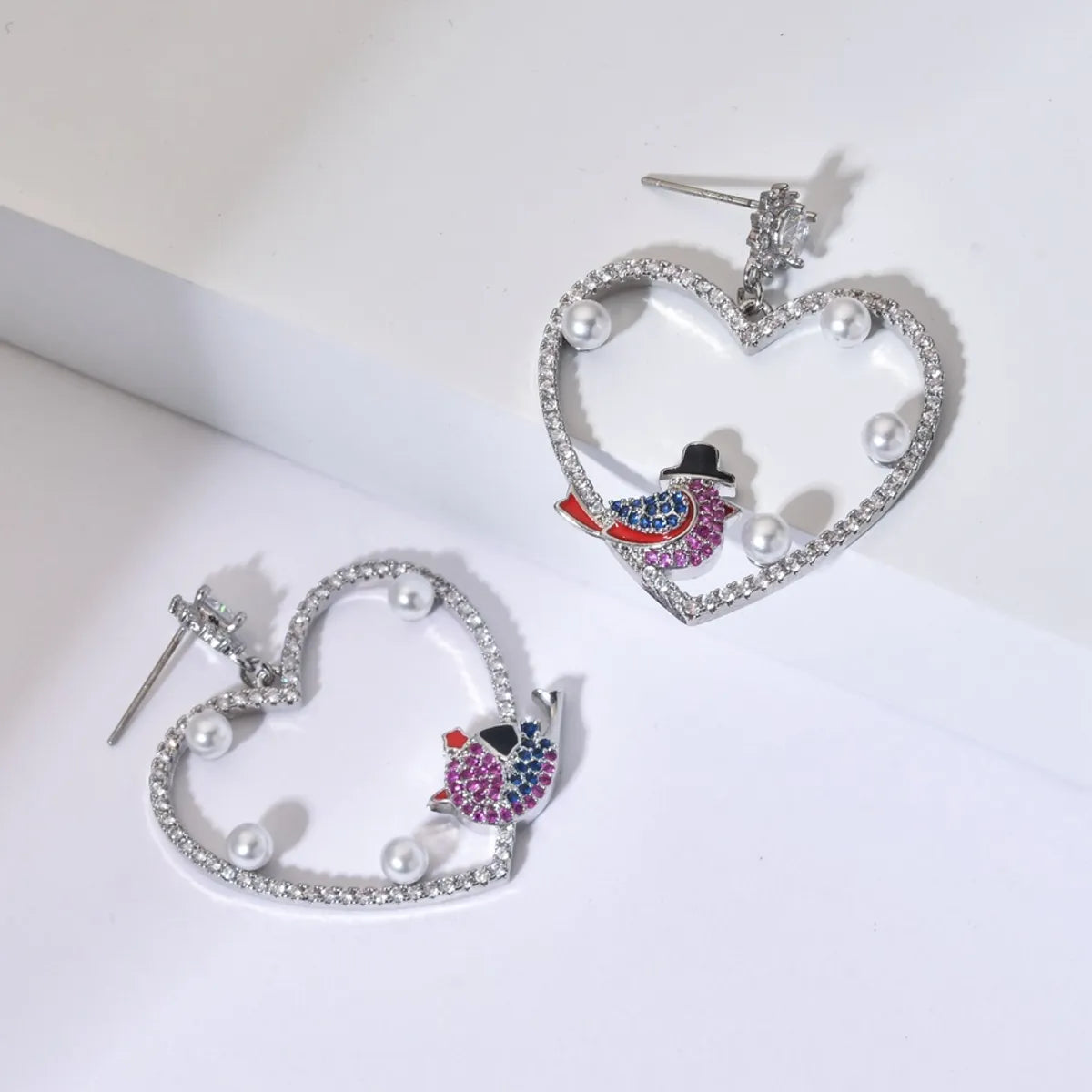 1 Pair Simple Style Heart Shape Bird Plating Inlay Copper Zircon White Gold Plated Drop Earrings