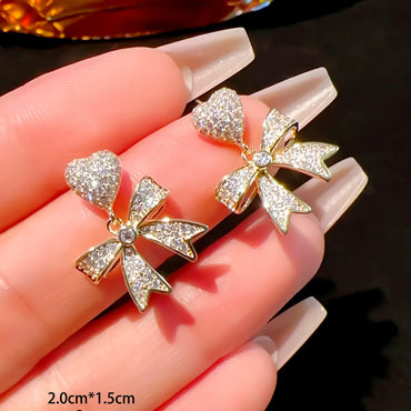 1 Pair Simple Style Heart Shape Bow Knot Plating Inlay Copper Zircon Drop Earrings