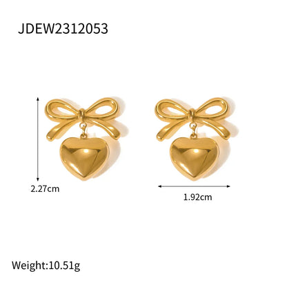 1 Pair Simple Style Heart Shape Bow Knot Plating Stainless Steel Drop Earrings