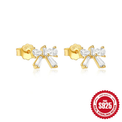 1 Pair Simple Style Heart Shape Bow Knot Plating Sterling Silver Zircon Ear Studs