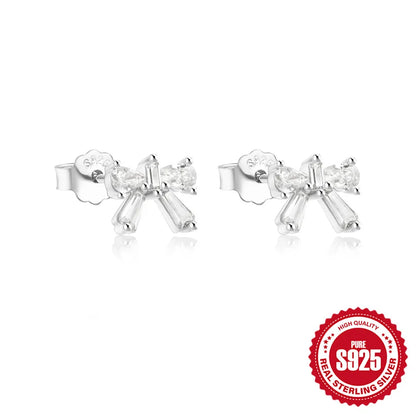 1 Pair Simple Style Heart Shape Bow Knot Plating Sterling Silver Zircon Ear Studs