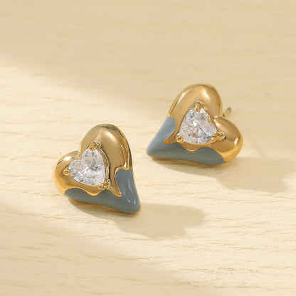 1 Pair Simple Style Heart Shape Enamel Inlay 304 Stainless Steel Zircon 18K Gold Plated Ear Studs