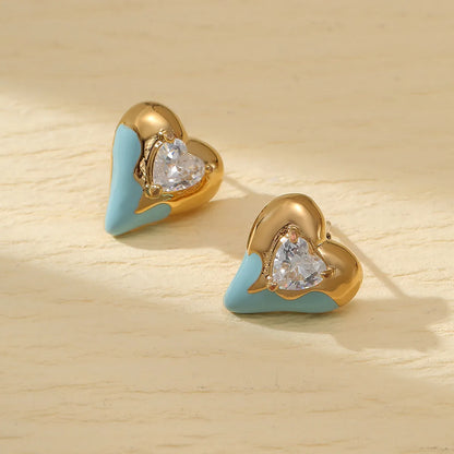 1 Pair Simple Style Heart Shape Enamel Inlay 304 Stainless Steel Zircon 18K Gold Plated Ear Studs