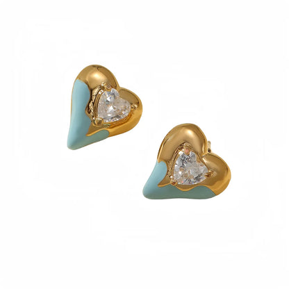 1 Pair Simple Style Heart Shape Enamel Inlay 304 Stainless Steel Zircon 18K Gold Plated Ear Studs