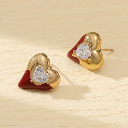 1 Pair Simple Style Heart Shape Enamel Inlay 304 Stainless Steel Zircon 18K Gold Plated Ear Studs