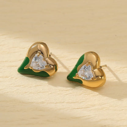 1 Pair Simple Style Heart Shape Enamel Inlay 304 Stainless Steel Zircon 18K Gold Plated Ear Studs