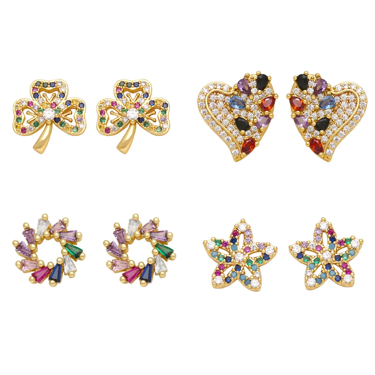 1 Pair Simple Style Heart Shape Flower Plating Inlay Copper Zircon 18k Gold Plated Ear Studs