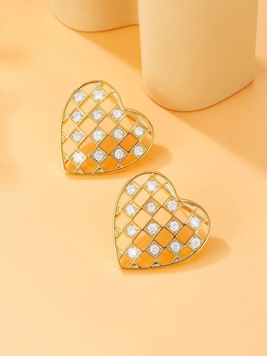 1 Pair Simple Style Heart Shape Hollow Out Inlay Copper Zircon Ear Studs