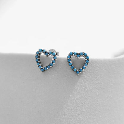 1 Pair Simple Style Heart Shape Hollow Out Inlay Sterling Silver Turquoise Ear Studs