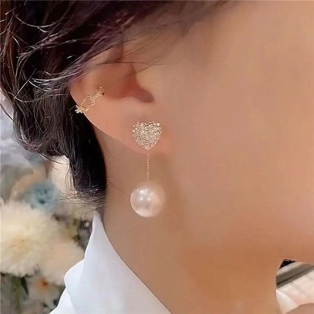 1 Pair Simple Style Heart Shape Inlay Alloy Rhinestones Drop Earrings