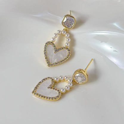 1 Pair Simple Style Heart Shape Inlay Copper Pearl Zircon Drop Earrings