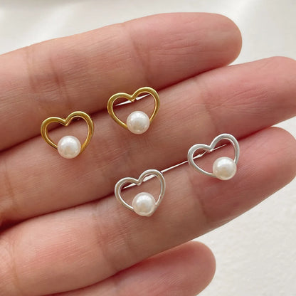 1 Pair Simple Style Heart Shape Inlay Sterling Silver Pearl Ear Studs