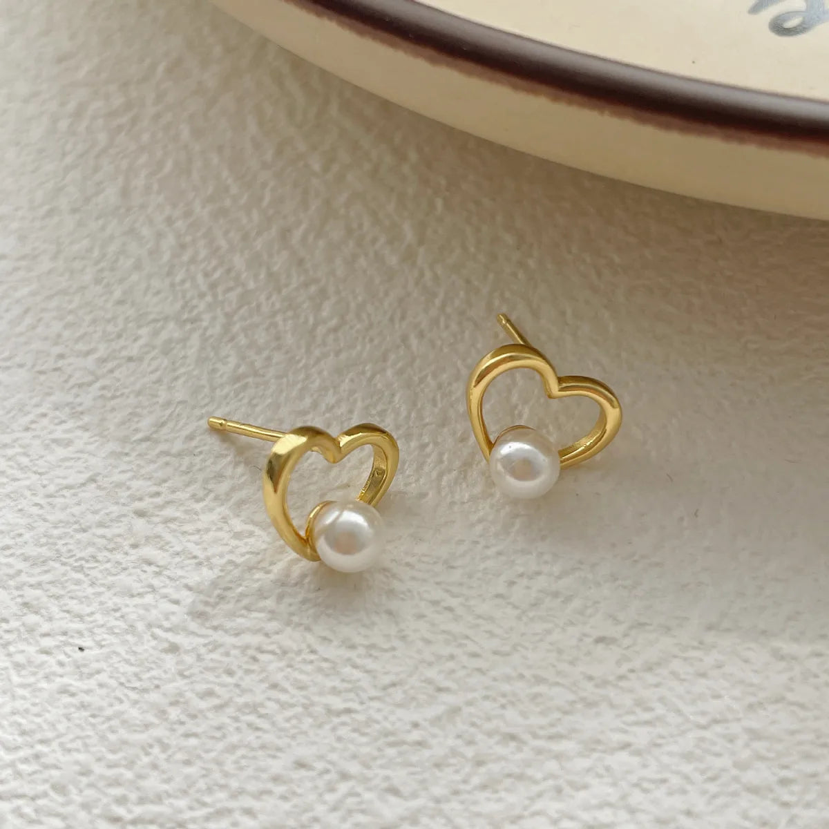 1 Pair Simple Style Heart Shape Inlay Sterling Silver Pearl Ear Studs