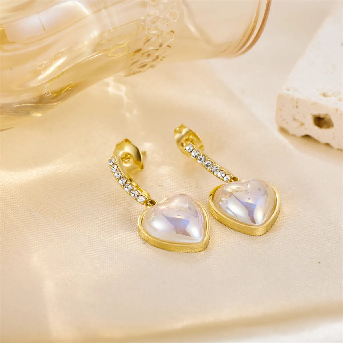 1 Pair Simple Style Heart Shape Plating Inlay Stainless Steel Zircon 18k Gold Plated Drop Earrings