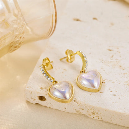 1 Pair Simple Style Heart Shape Plating Inlay Stainless Steel Zircon 18k Gold Plated Drop Earrings