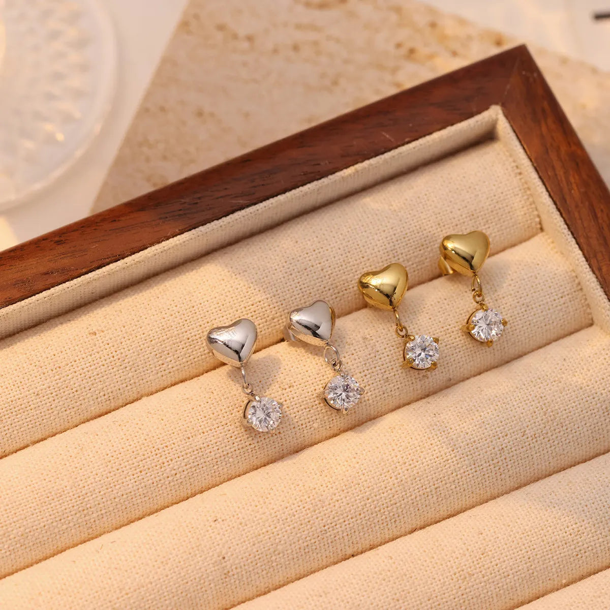 1 Pair Simple Style Heart Shape Plating Inlay Stainless Steel Zircon White Gold Plated Gold Plated Drop Earrings