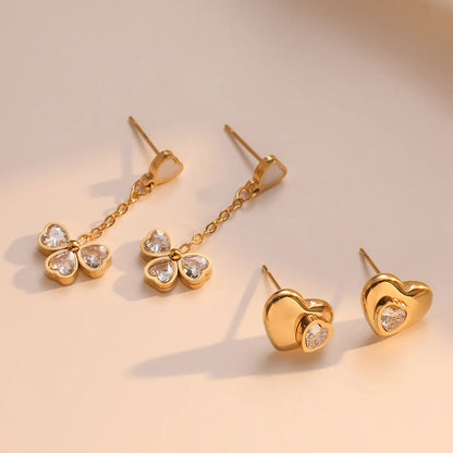 1 Pair Simple Style Heart Shape Plating Inlay Titanium Steel Zircon 18k Gold Plated Drop Earrings Ear Studs