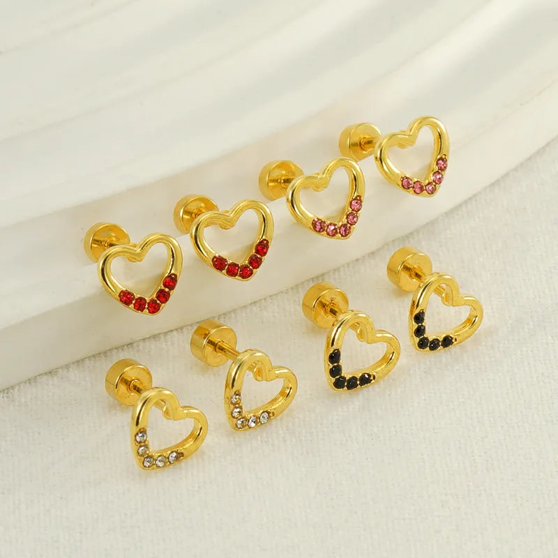 1 Pair Simple Style Heart Shape Polishing Plating Inlay Stainless Steel Rhinestones Zircon 18K Gold Plated Ear Studs