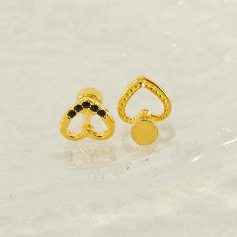 1 Pair Simple Style Heart Shape Polishing Plating Inlay Stainless Steel Rhinestones Zircon 18K Gold Plated Ear Studs