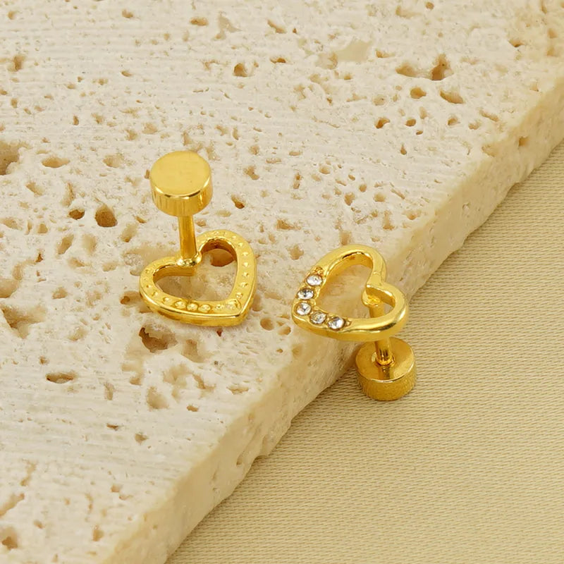 1 Pair Simple Style Heart Shape Polishing Plating Inlay Stainless Steel Rhinestones Zircon 18K Gold Plated Ear Studs