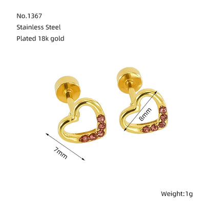 1 Pair Simple Style Heart Shape Polishing Plating Inlay Stainless Steel Rhinestones Zircon 18K Gold Plated Ear Studs