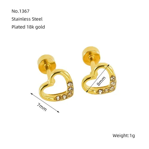 1 Pair Simple Style Heart Shape Polishing Plating Inlay Stainless Steel Rhinestones Zircon 18K Gold Plated Ear Studs