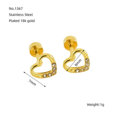 1 Pair Simple Style Heart Shape Polishing Plating Inlay Stainless Steel Rhinestones Zircon 18K Gold Plated Ear Studs