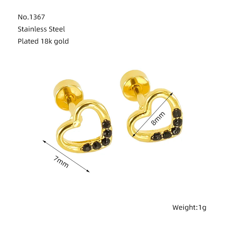 1 Pair Simple Style Heart Shape Polishing Plating Inlay Stainless Steel Rhinestones Zircon 18K Gold Plated Ear Studs