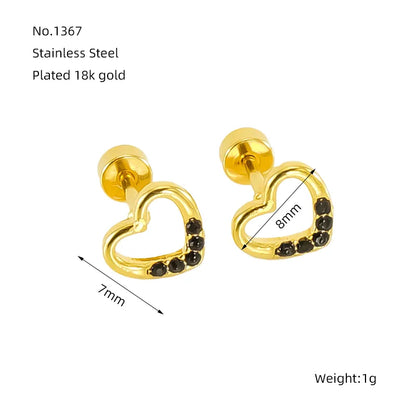 1 Pair Simple Style Heart Shape Polishing Plating Inlay Stainless Steel Rhinestones Zircon 18K Gold Plated Ear Studs