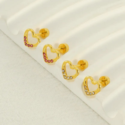 1 Pair Simple Style Heart Shape Polishing Plating Inlay Stainless Steel Rhinestones Zircon 18K Gold Plated Ear Studs