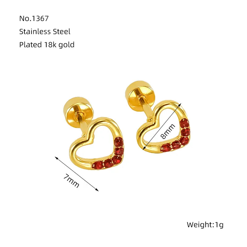 1 Pair Simple Style Heart Shape Polishing Plating Inlay Stainless Steel Rhinestones Zircon 18K Gold Plated Ear Studs