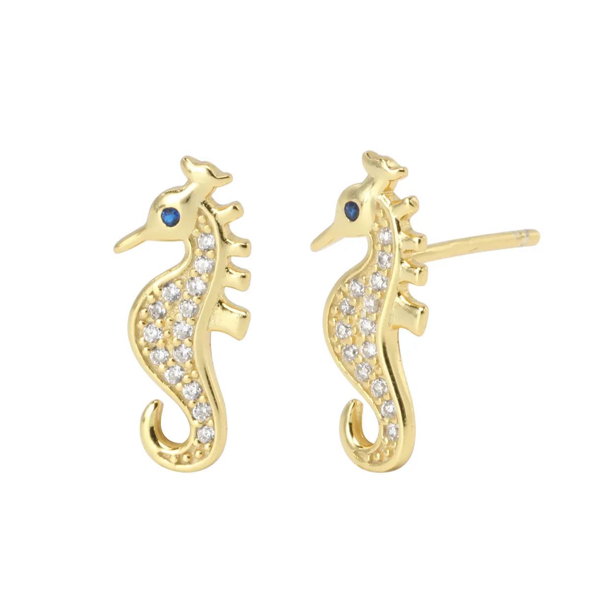 1 Pair Simple Style Hippocampus Inlay Sterling Silver Rhinestones Ear Studs