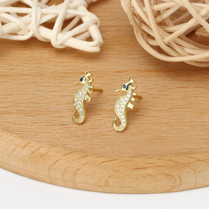 1 Pair Simple Style Hippocampus Inlay Sterling Silver Rhinestones Ear Studs