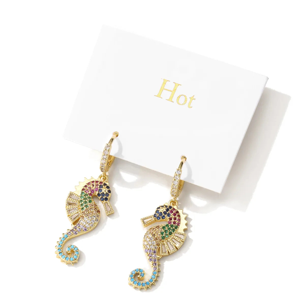 1 Pair Simple Style Hippocampus Plating Inlay Copper Zircon 18k Gold Plated Drop Earrings