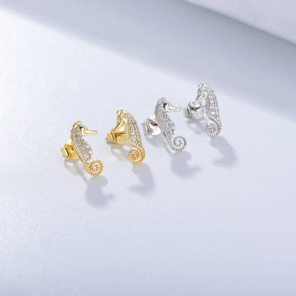 1 Pair Simple Style Hippocampus Sterling Silver Inlay Zircon Ear Studs