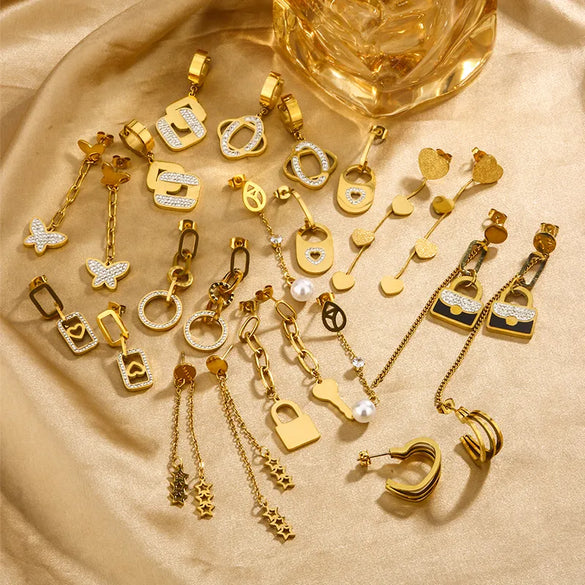 1 Pair Simple Style IG Style Pentagram Heart Shape Butterfly Inlay 304 Stainless Steel Artificial Pearl Shell Rhinestones Pearl Shell 18K Gold Plated Drop Earrings